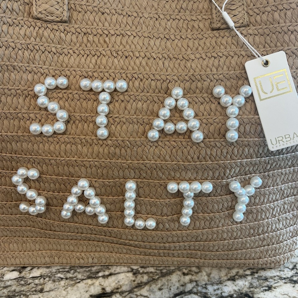NWT Urban Expressions Tan Woven Bag/Purse With Pearls "Stay Salty" Beach Vacay - Picture 5 of 7